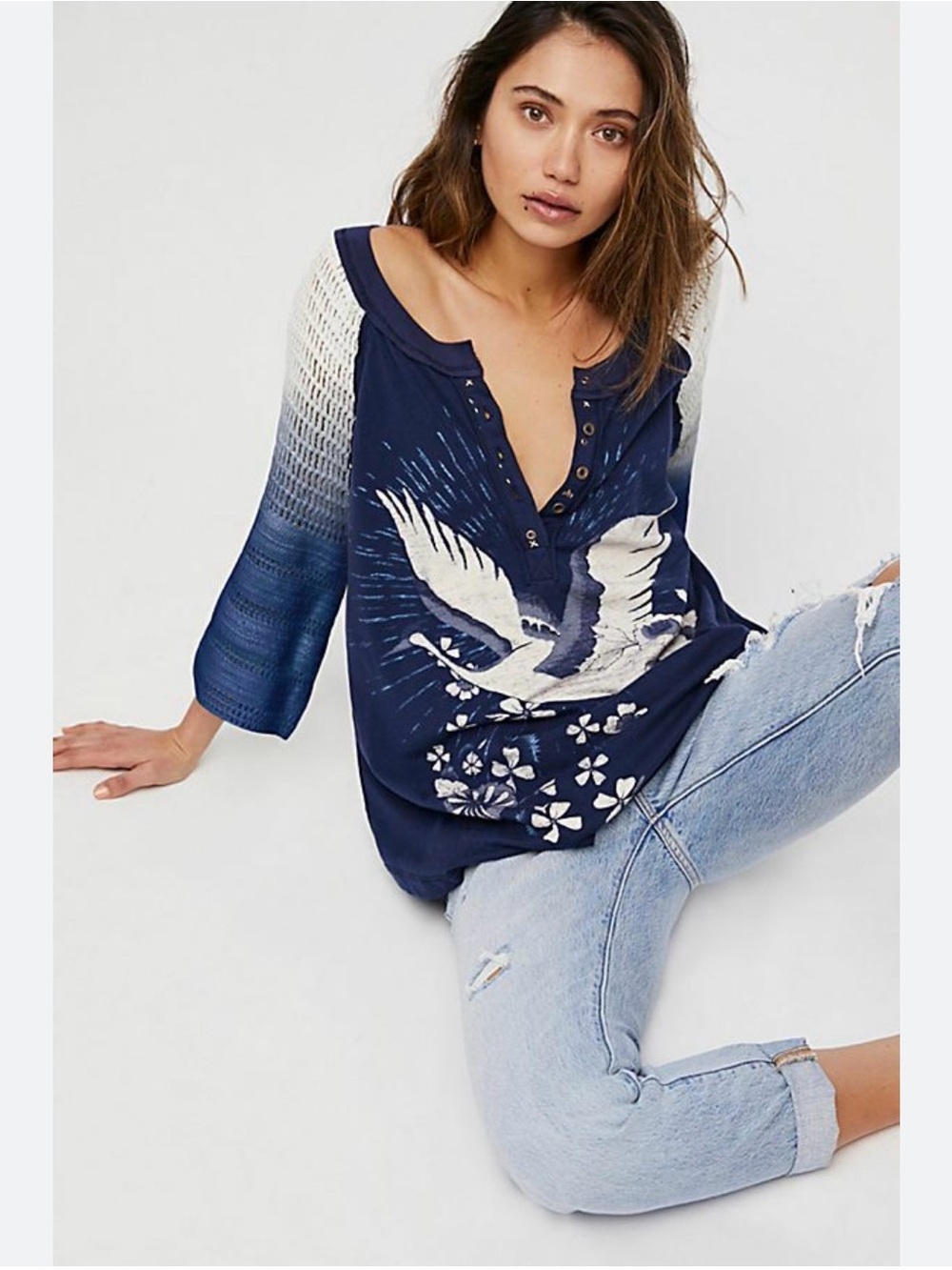 Free People Navy Ombre Henley with Crane Graphic